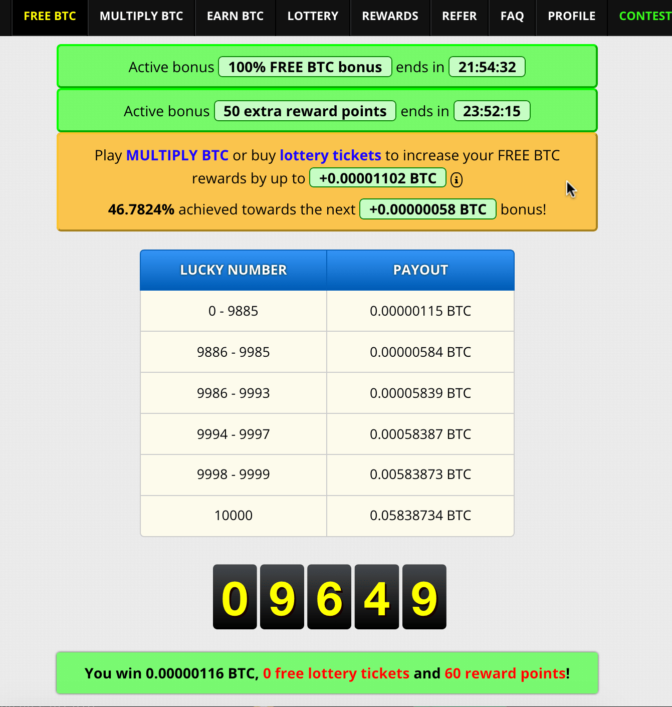 free bitcoin roll of 09649 and receiving a win of 0.00000116 btc