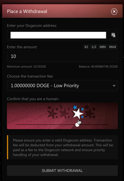 Placing a withdrawl of 10 dogecoin with 1 doge transaction fees on luckygames...